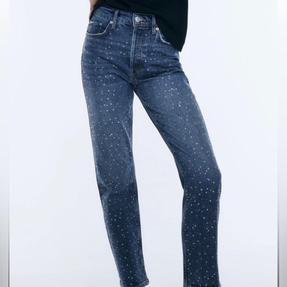 Zara High Waisted Rhinestone Embellished Denim Jeans